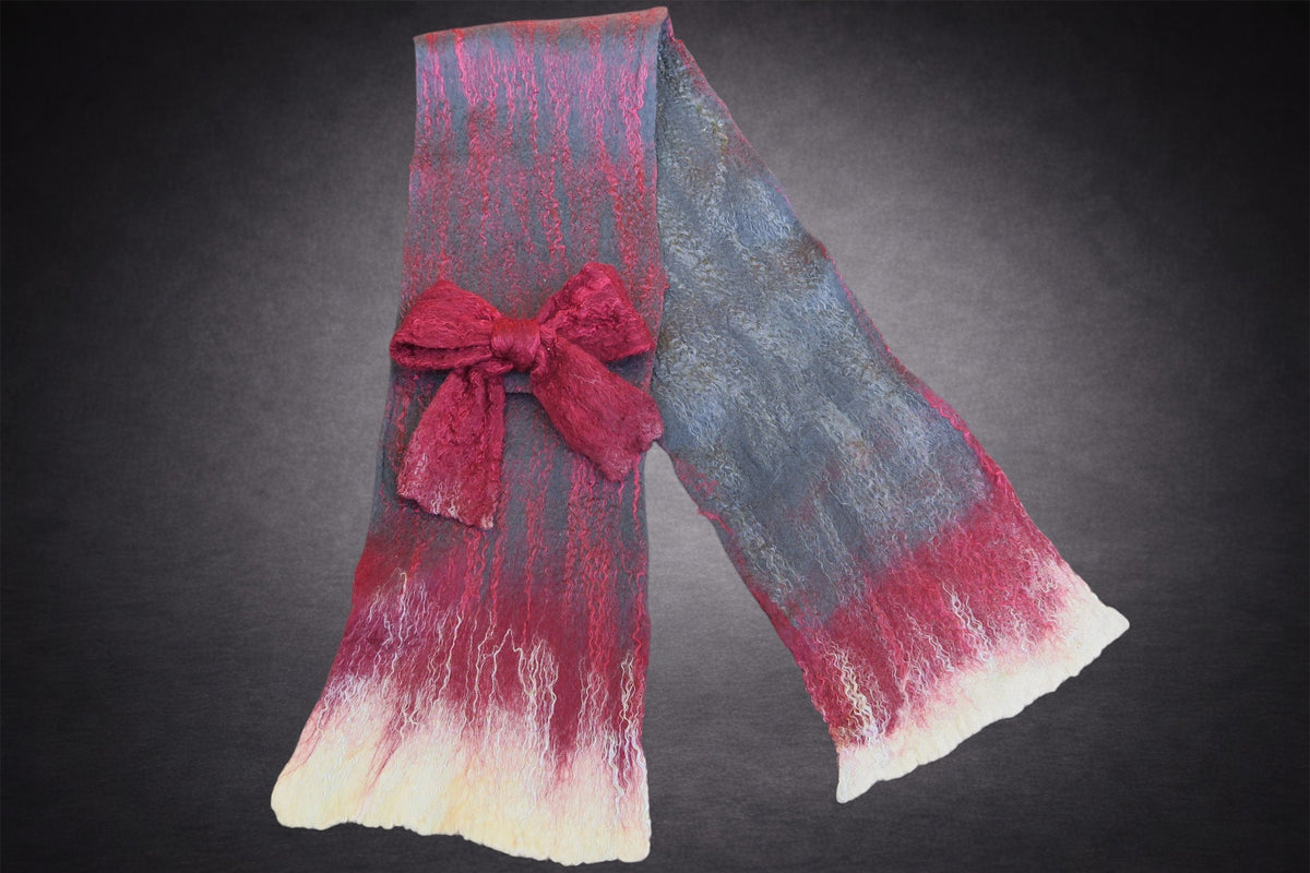 Full view of grey-blue burgundy and ivory hand-felted scarf