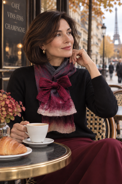 Grey-blue and burgundy felted scarf with bow worn at a Paris cafe