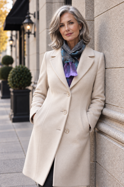 Grey turquoise and purple felted scarf styled with cream coat