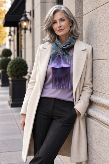Grey turquoise and purple felted scarf styled with lavender blouse and cream coat