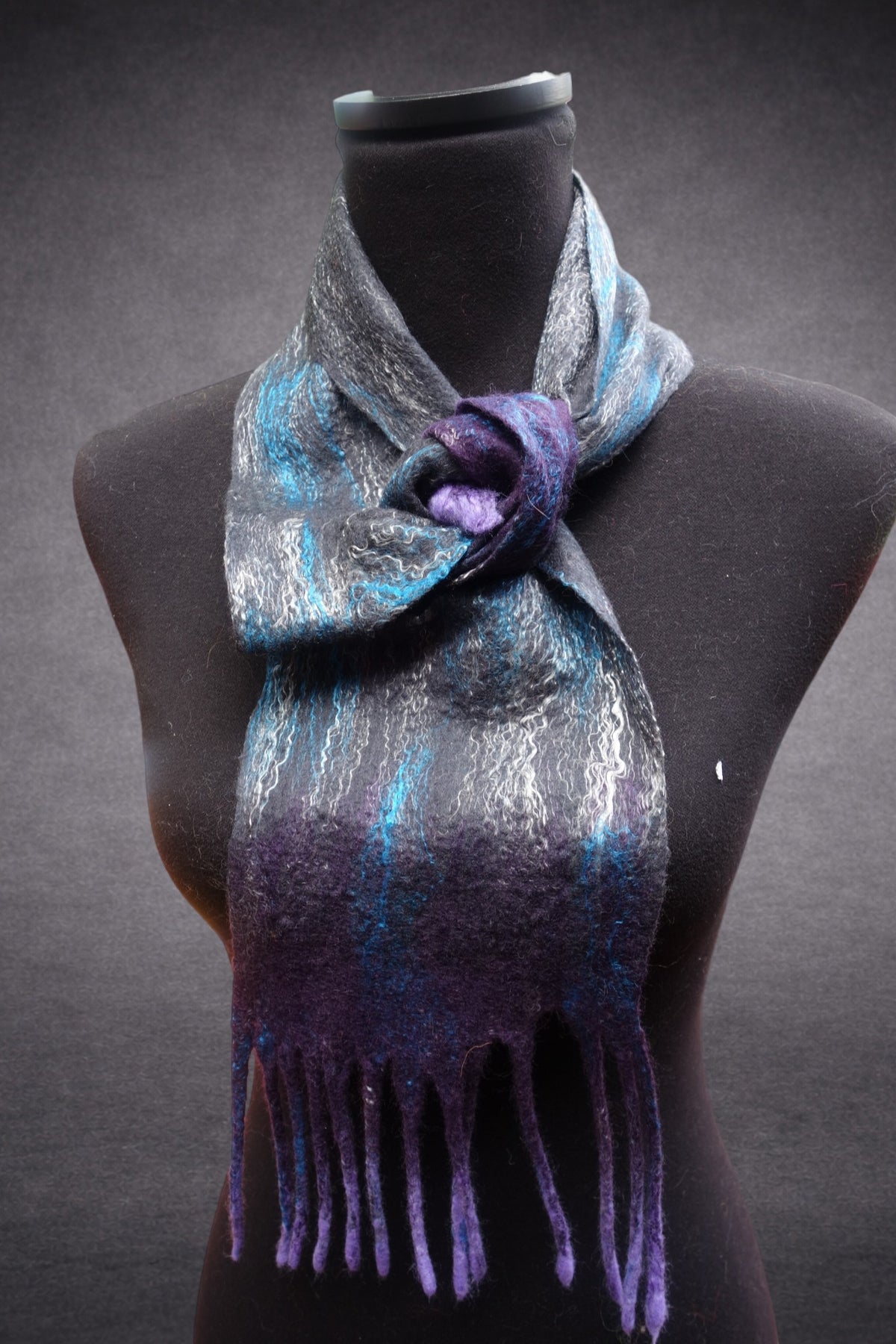 Grey turquoise and purple felted scarf styling detail