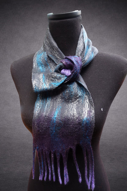Grey turquoise and purple felted scarf styling detail