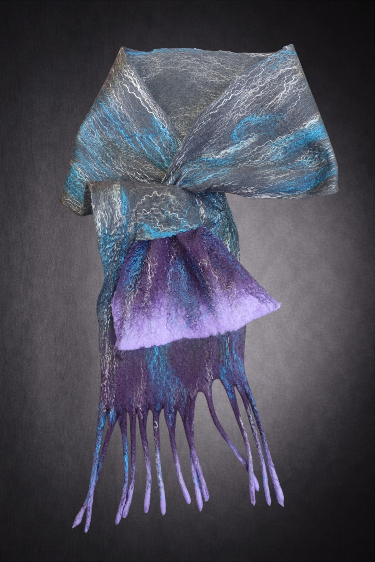 Grey, turquoise and purple sculptural hand-felted scarf