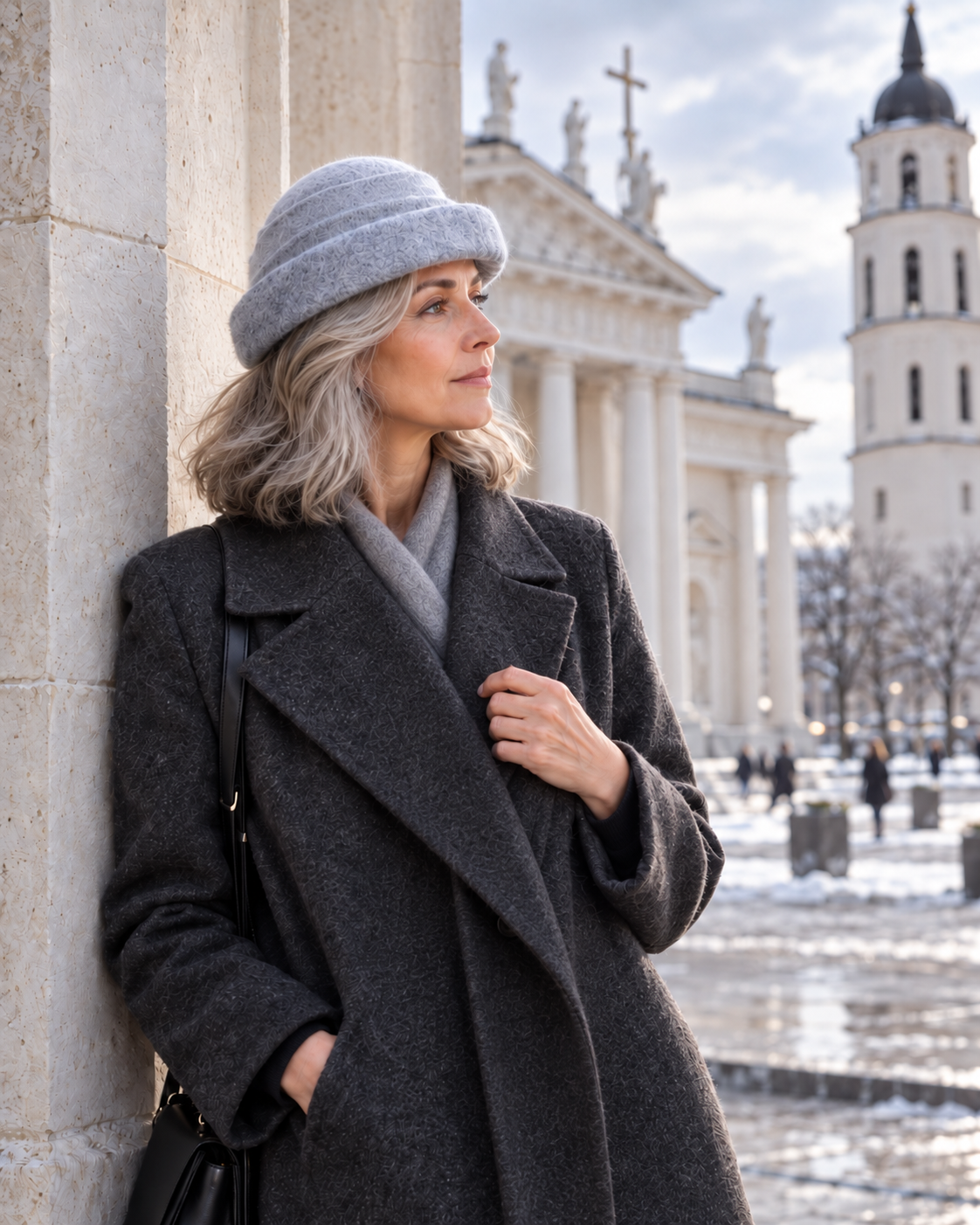 Silver grey asymmetric hand-felted hat styled on model, front side view