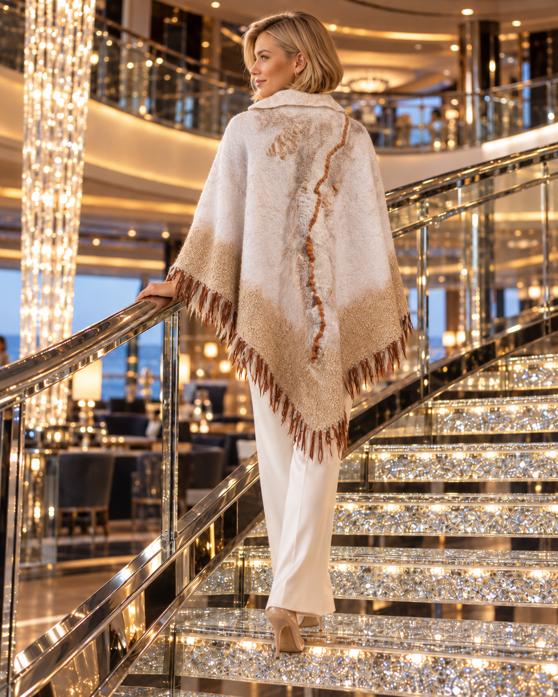Ivory Sands reversible nuno-felted poncho, back lifestyle view