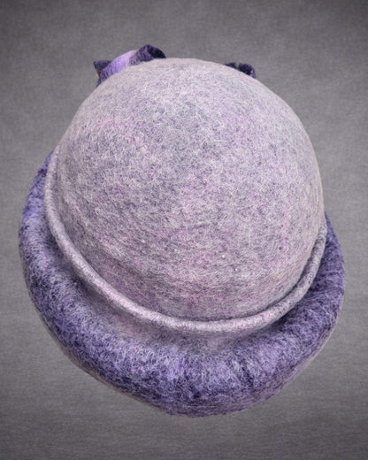 Hand Felted Merino Wool Cloche – Lavender Purple Bow, Packable Winter Hat