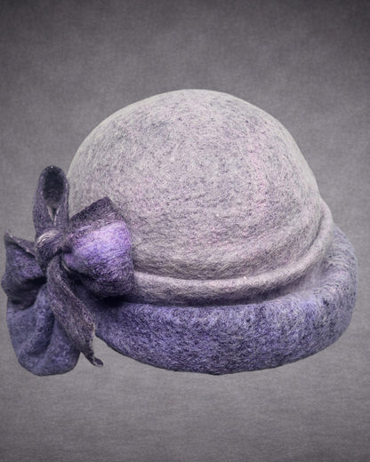 Hand Felted Merino Wool Cloche – Lavender Purple Bow, Packable Winter Hat