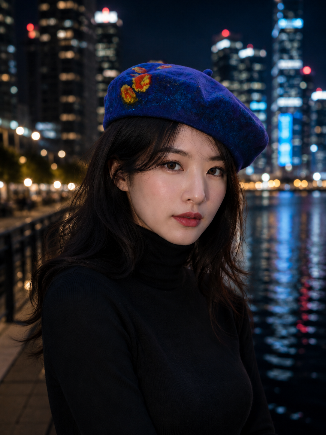 Woman wearing a blue hand-felted beret with orange floral accents by the waterfront at night