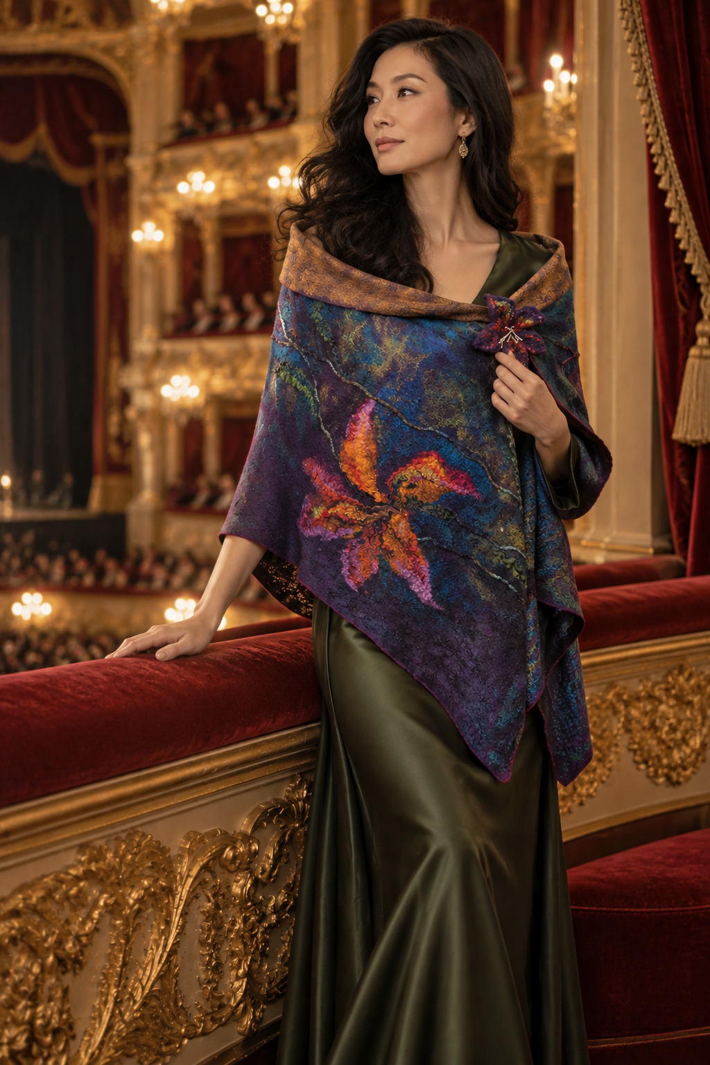Lilies at Twilight shawl styled with an evening dress