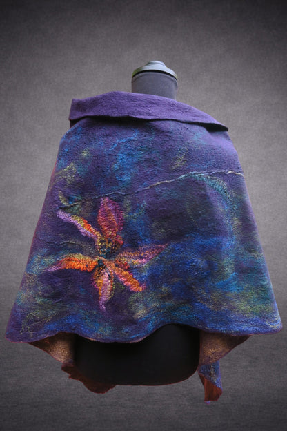 Lilies at Twilight shawl back view, blue green purple side