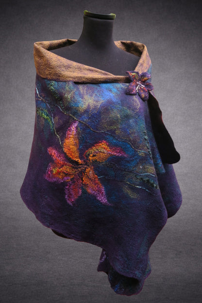 Lilies at Twilight shawl front drape with matching flower pin