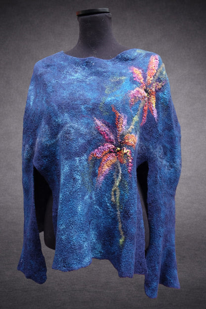 Lilies in Blue handmade felted poncho front view