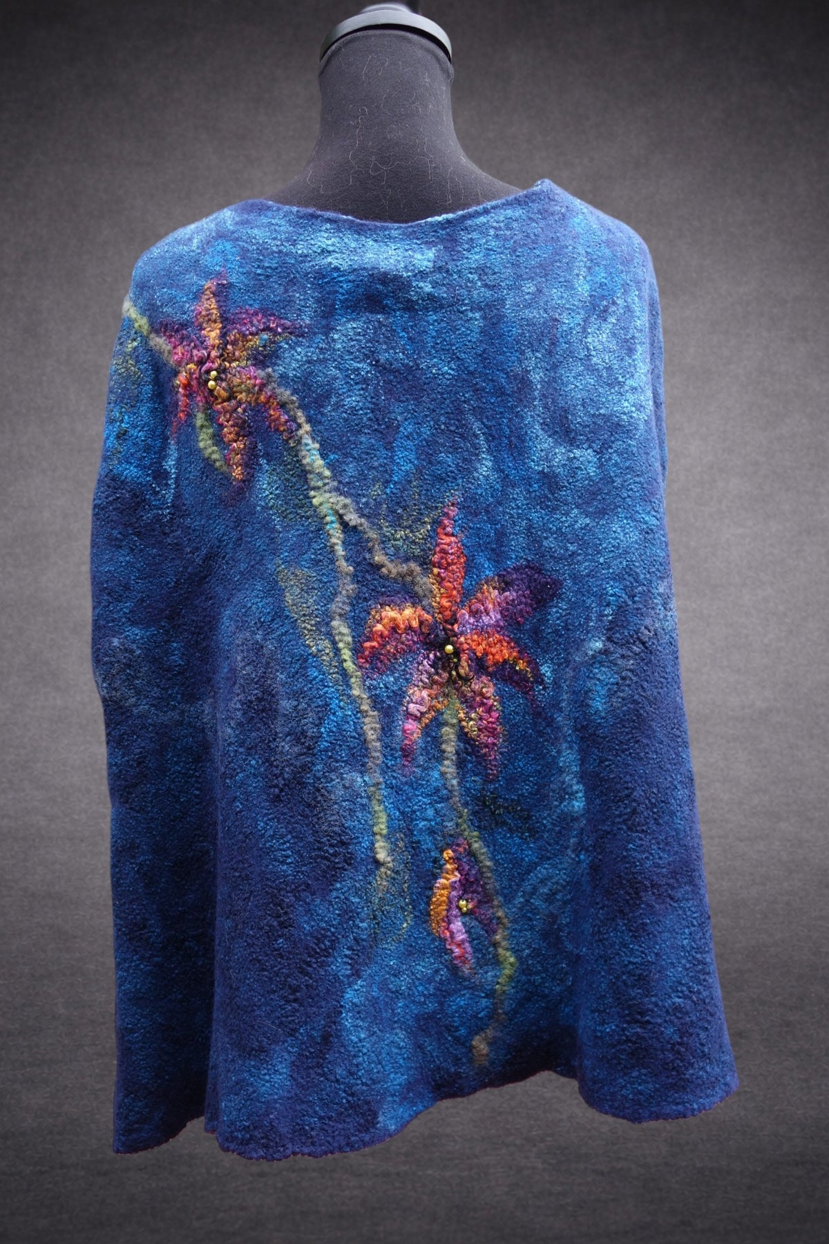 Lilies in Blue handmade felted poncho back view