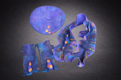 Blue felted beret displayed with coordinating scarf and fingerless gloves for matching-set inspiration