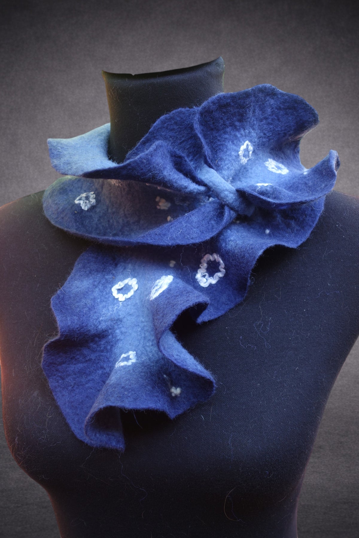 Deep Blue Sculptural Hand-Felted Merino Wool Scarf with White Fiber Accents