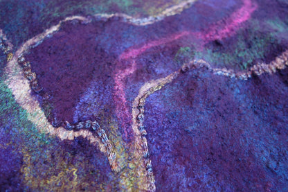 Close-up of purple blue green pink felt texture on Northern Lights poncho