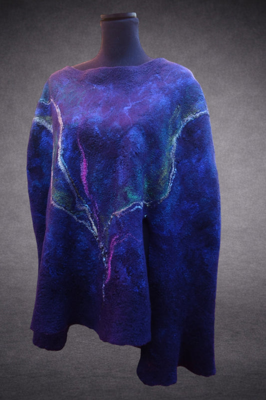 Northern Lights reversible hand-felted poncho, blue green purple front side