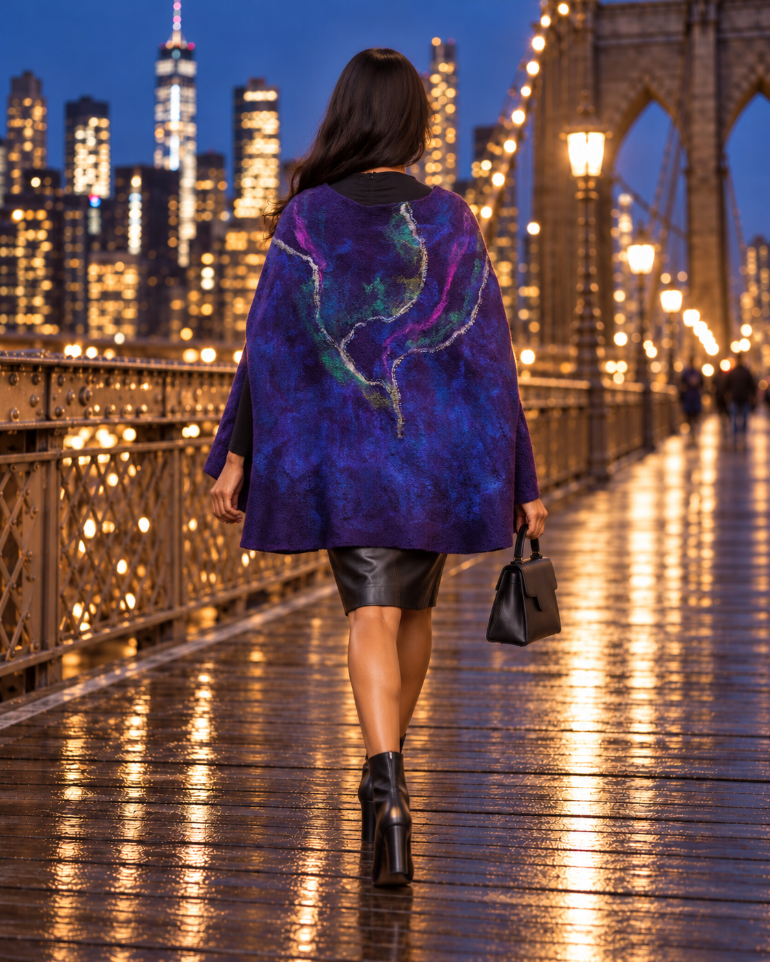 Northern Lights reversible hand-felted poncho, back lifestyle view