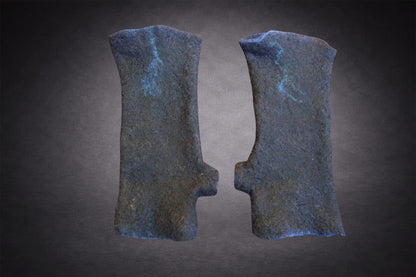 Deep blue hand-felted fingerless gloves shown from the plain side
