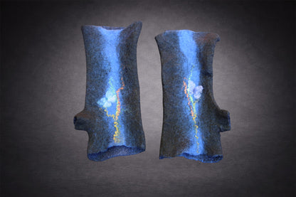 Deep blue hand-felted fingerless gloves with cobalt stripe, butterfly details and colorful fiber accents