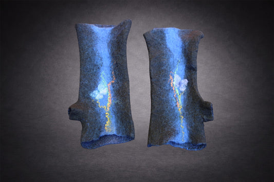 Deep blue hand-felted fingerless gloves with cobalt stripe, butterfly details and colorful fiber accents