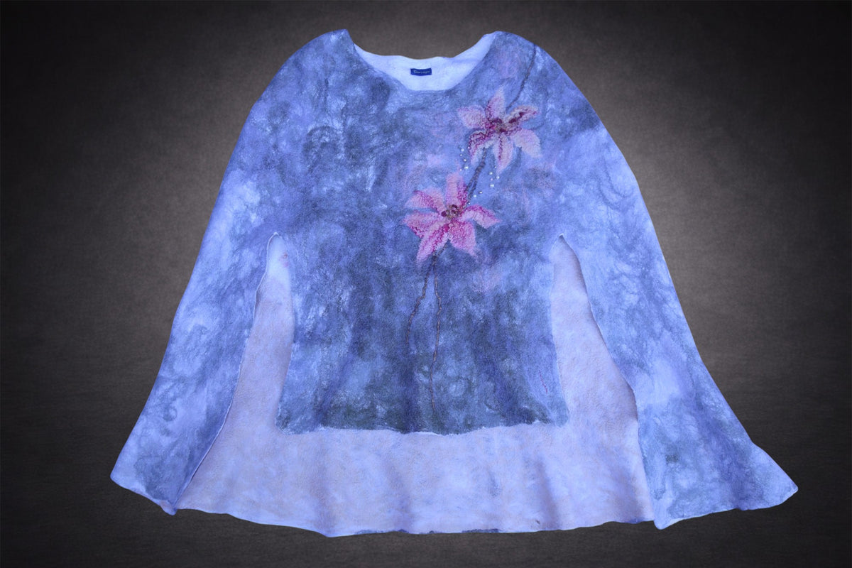 Lilies in the Morning Fog – Reversible Hand-Felted Poncho Cape