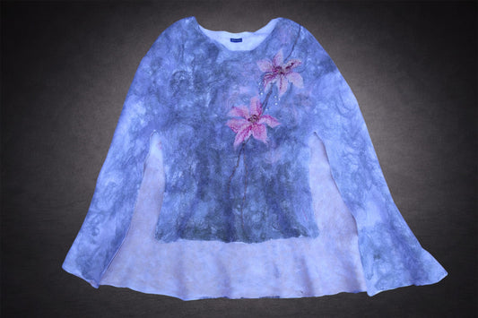 Lilies in the Morning Fog – Reversible Hand-Felted Poncho Cape