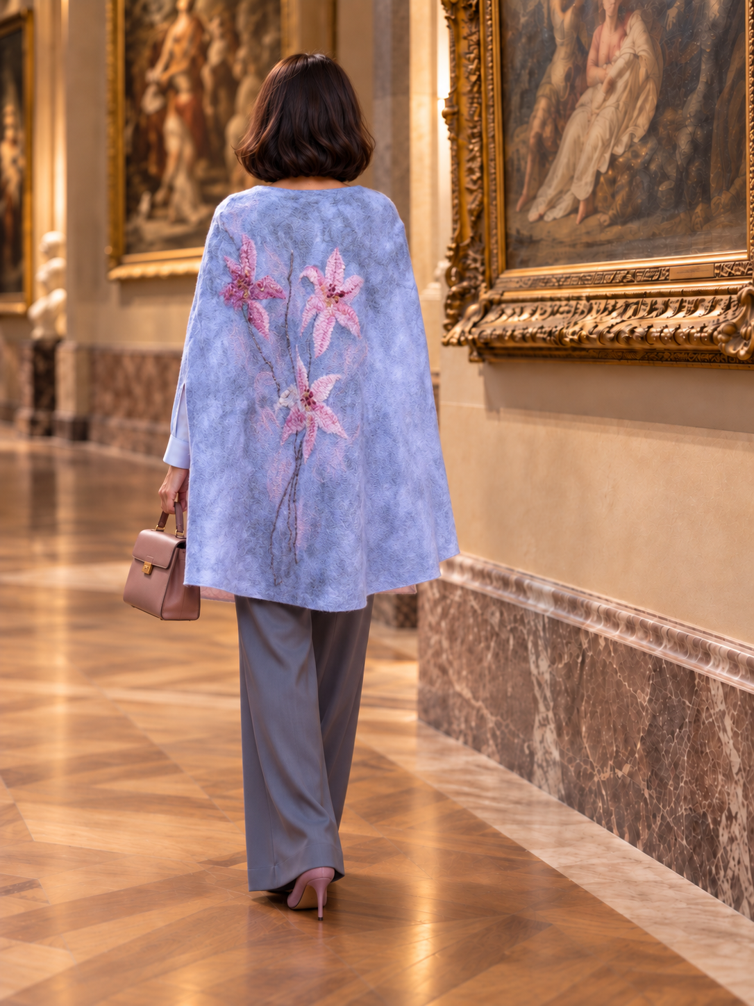 Lilies in the Morning Fog poncho cape, back lifestyle view