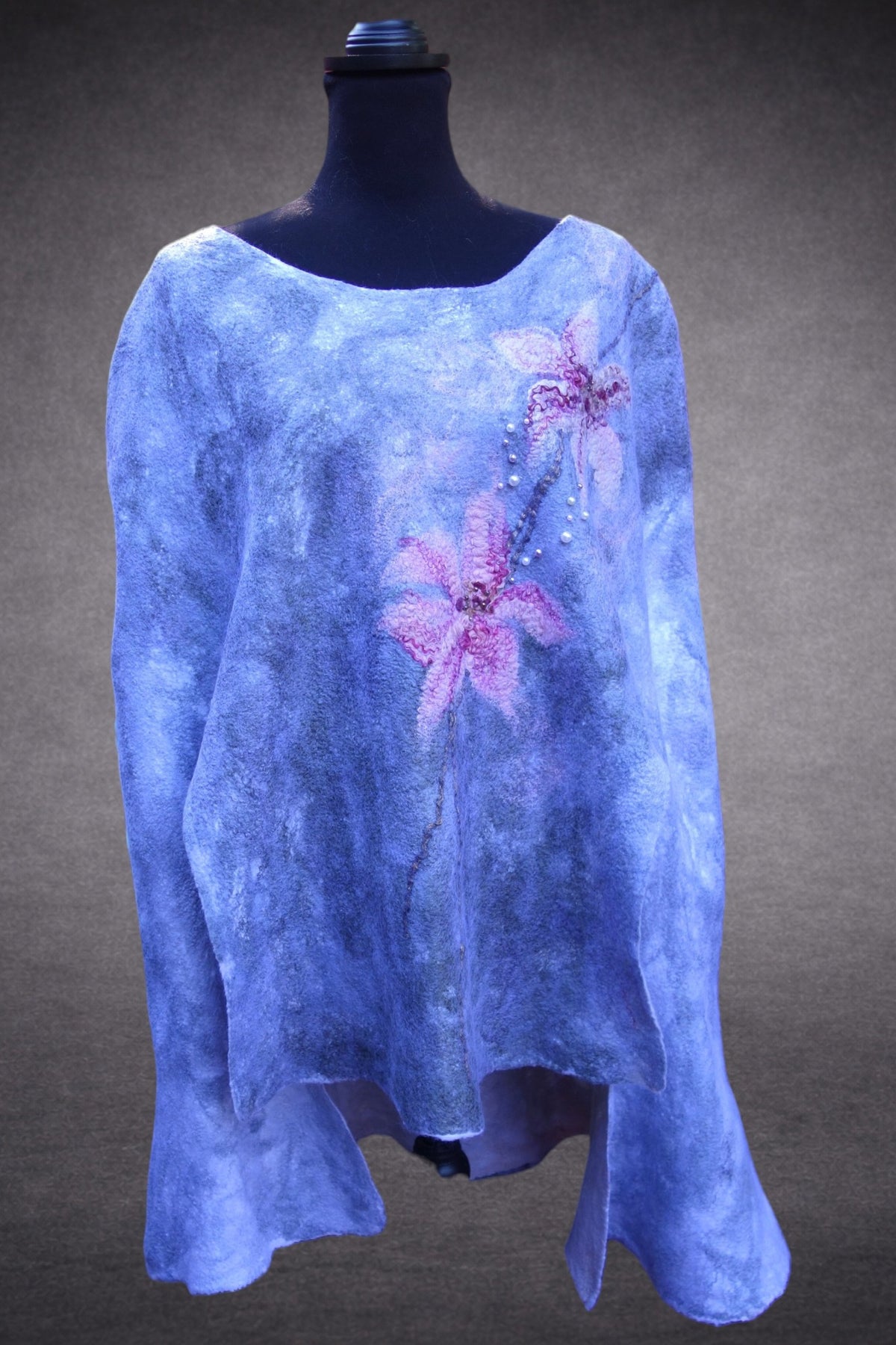 Lilies in the Morning Fog poncho cape front view on mannequin