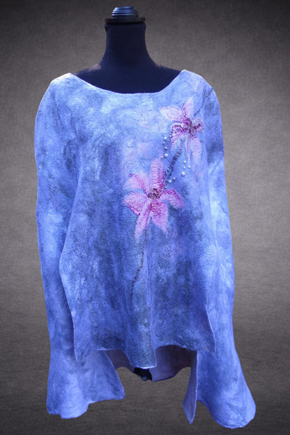 Lilies in the Morning Fog poncho cape front view on mannequin