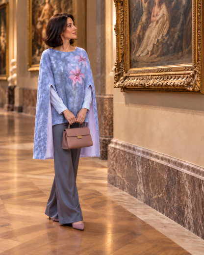 Lilies in the Morning Fog poncho cape, front lifestyle view