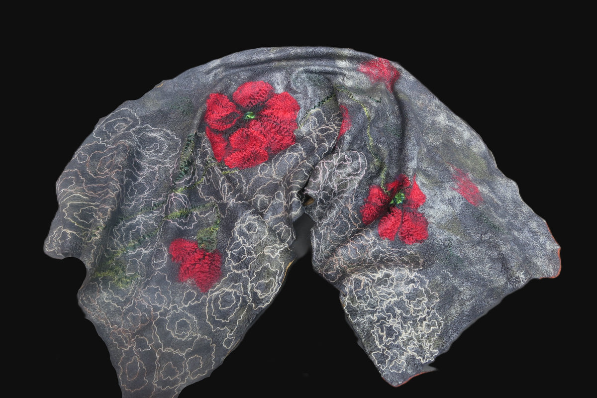 Poppies in the Rain shawl textile detail