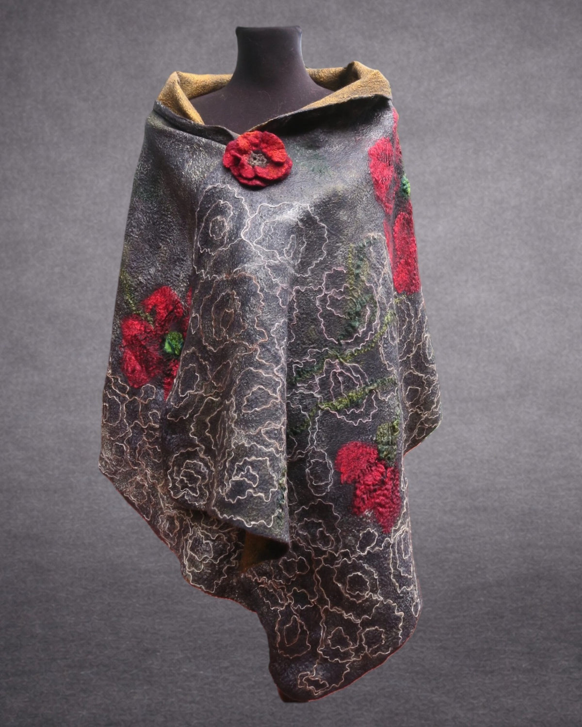 Poppies in the Rain reversible hand-felted shawl, front view
