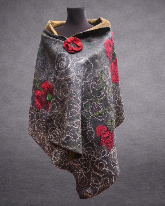 Poppies in the Rain reversible hand-felted shawl, front view