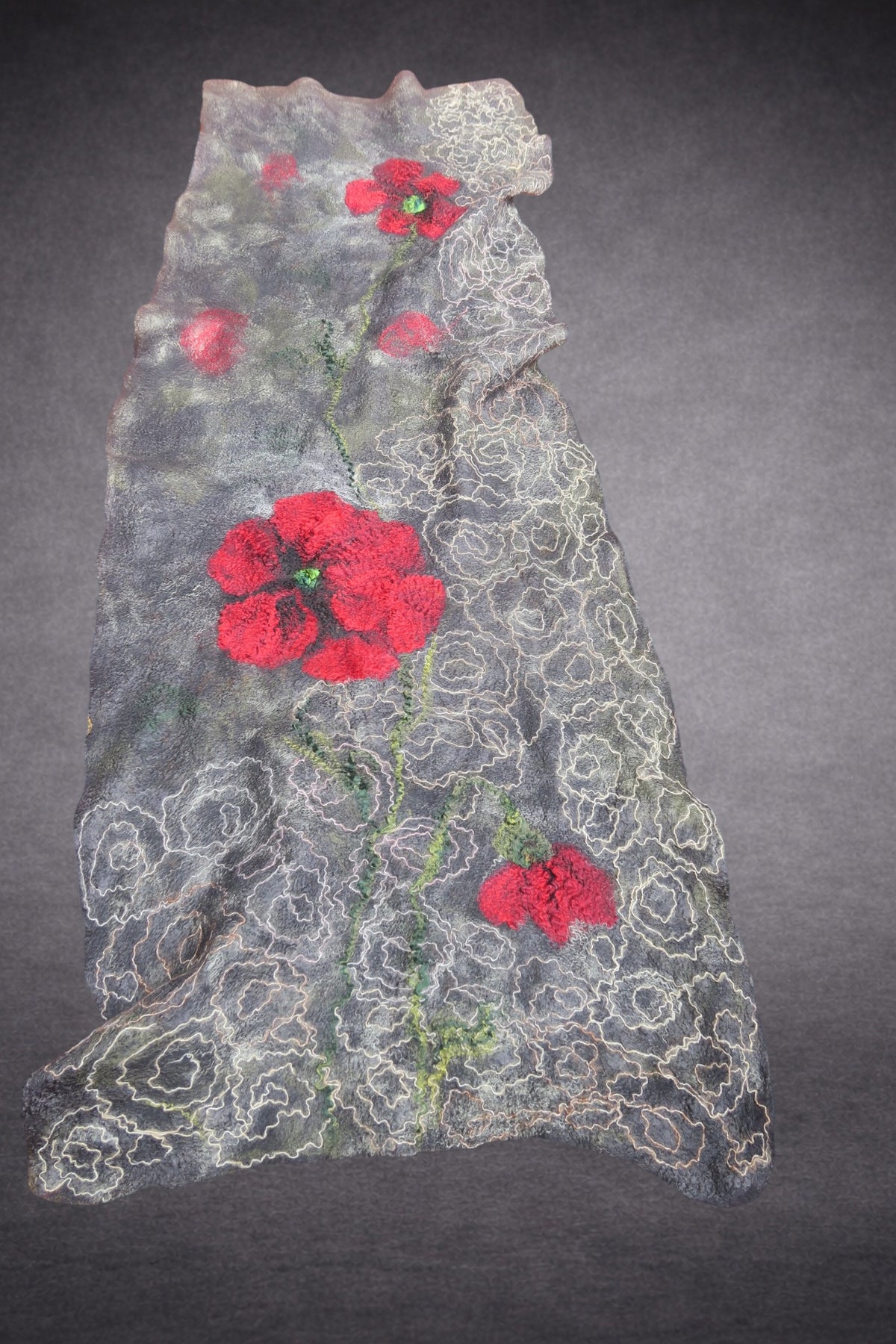 Poppies in the Rain shawl displayed full length