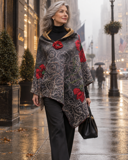 Lifestyle visualization of Poppies in the Rain shawl