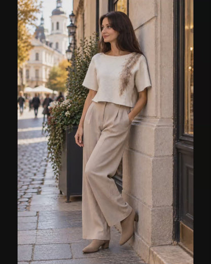Ivory & Taupe Felted Wool Top with Sculptural Back Detail