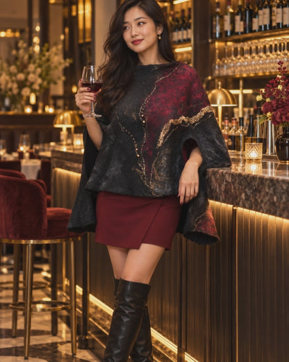 Fire in the Night — Reversible Hand-Felted Poncho, red , burgundy, black, grey