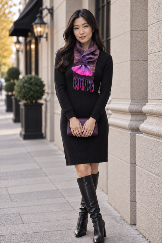 Purple & Fuchsia Sculptural Hand-Felted Merino Wool Scarf