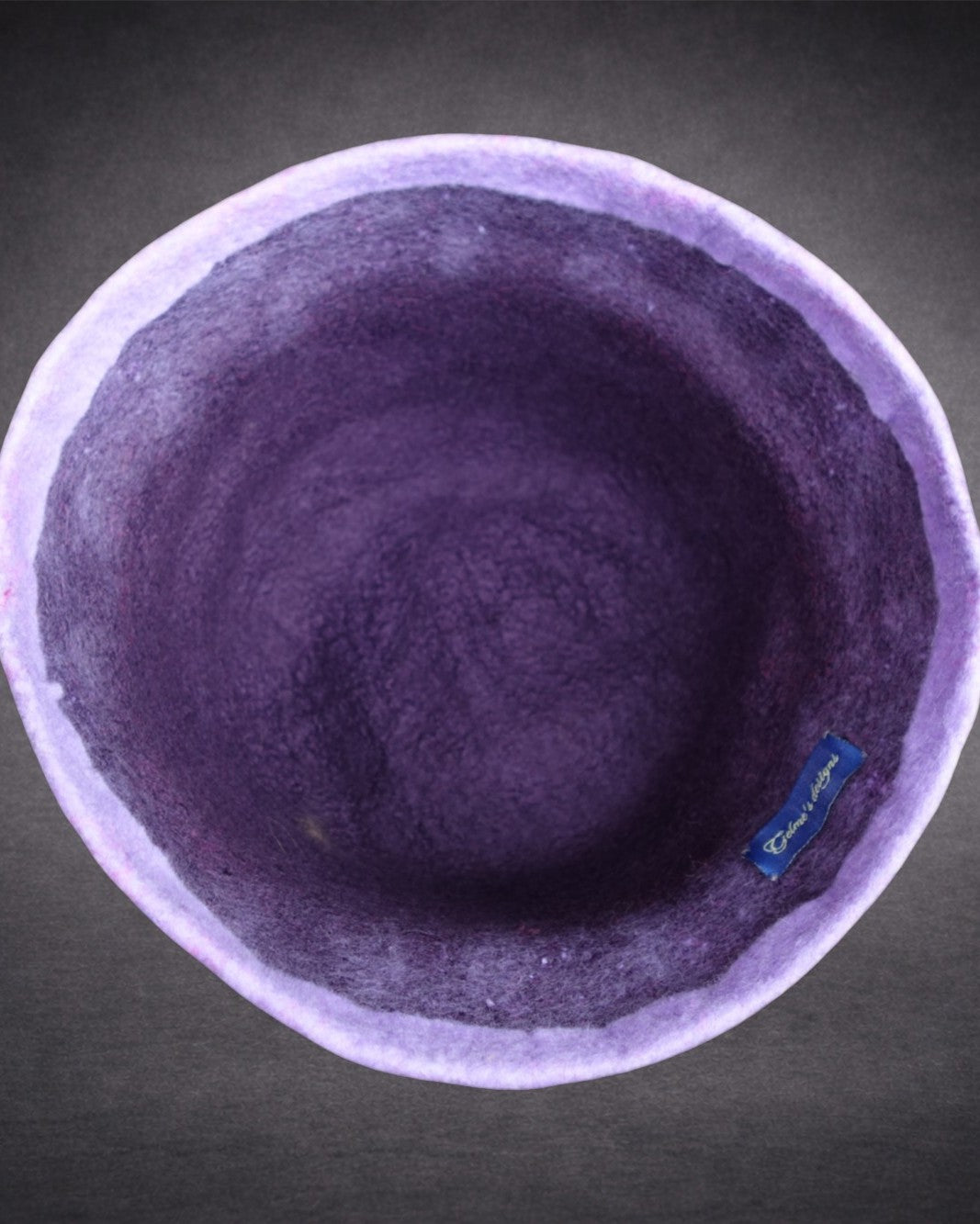 Interior of handmade purple merino wool felted bucket hat