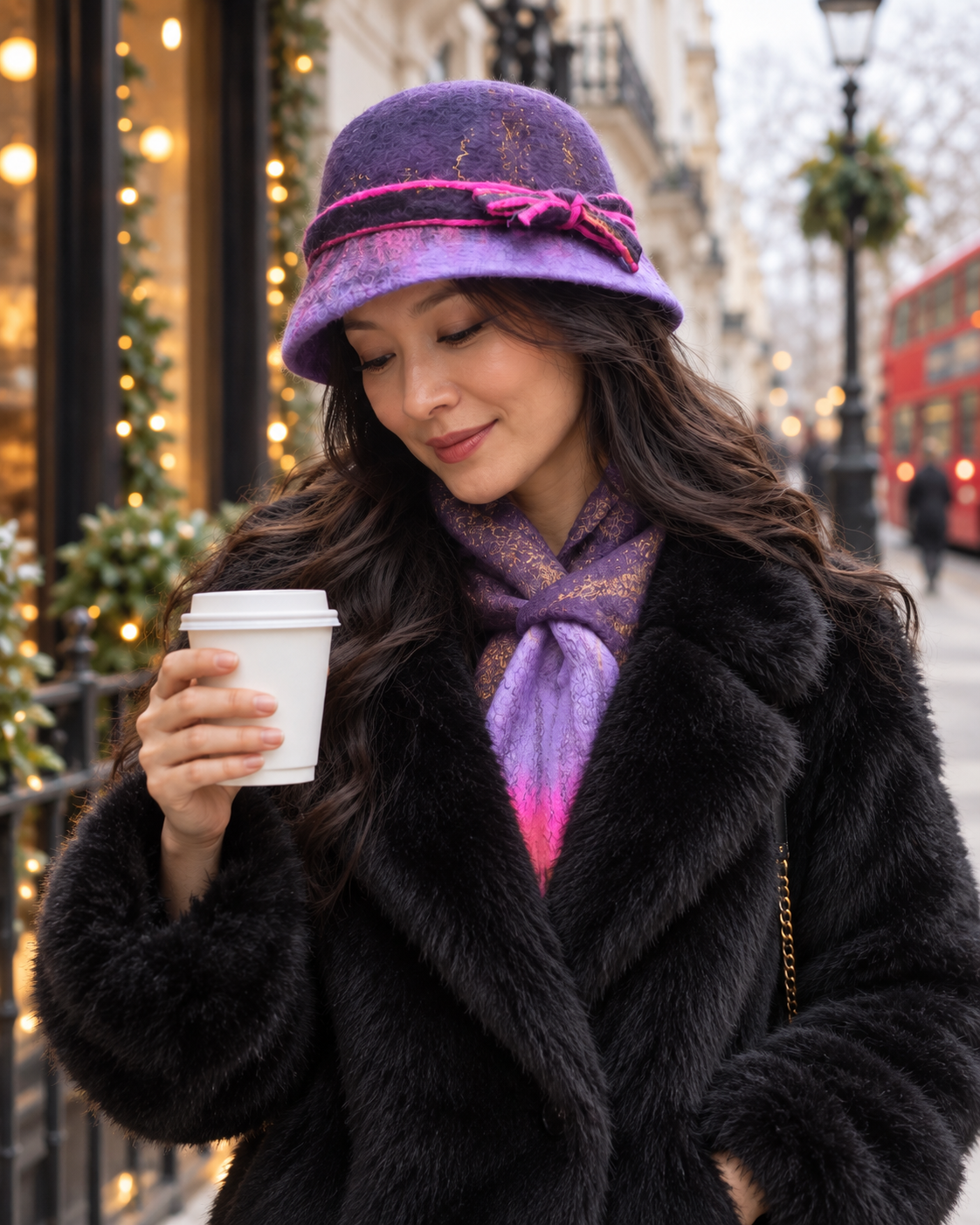 Woman wearing purple and fuchsia handmade felted bucket hat by Gelme's Designs