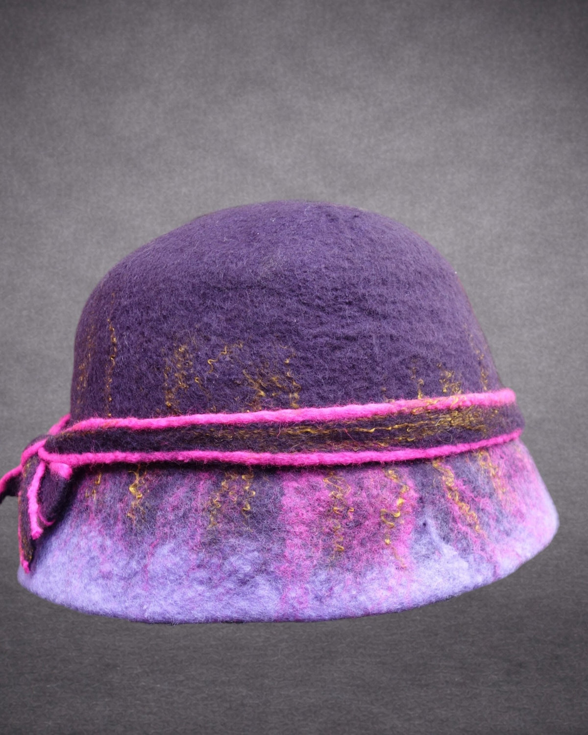 Purple lavender and fuchsia hand-felted merino wool bucket hat with gold accents