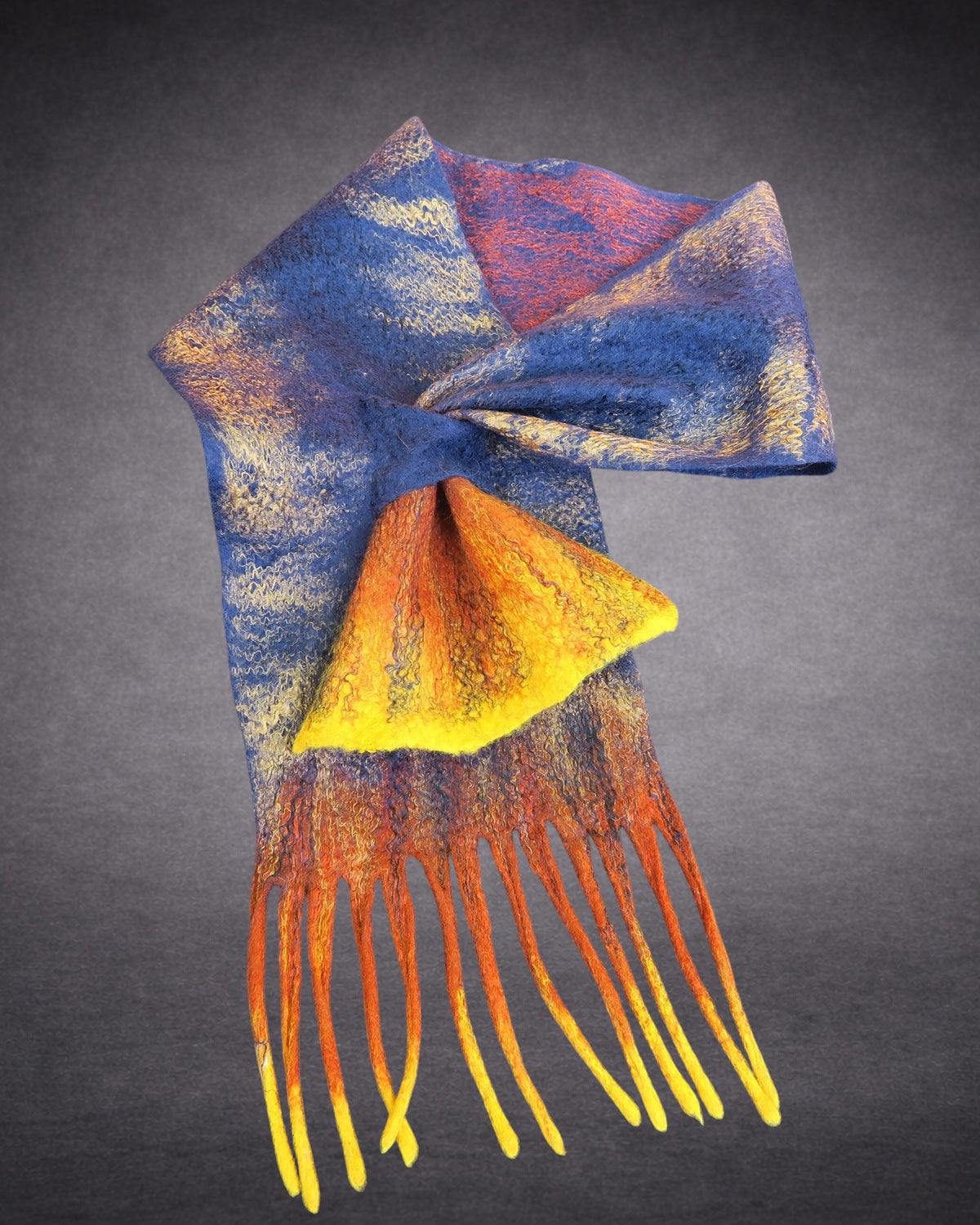 Starry Night – Blue, Orange & Golden Yellow Hand-Felted Merino Wool Scarf