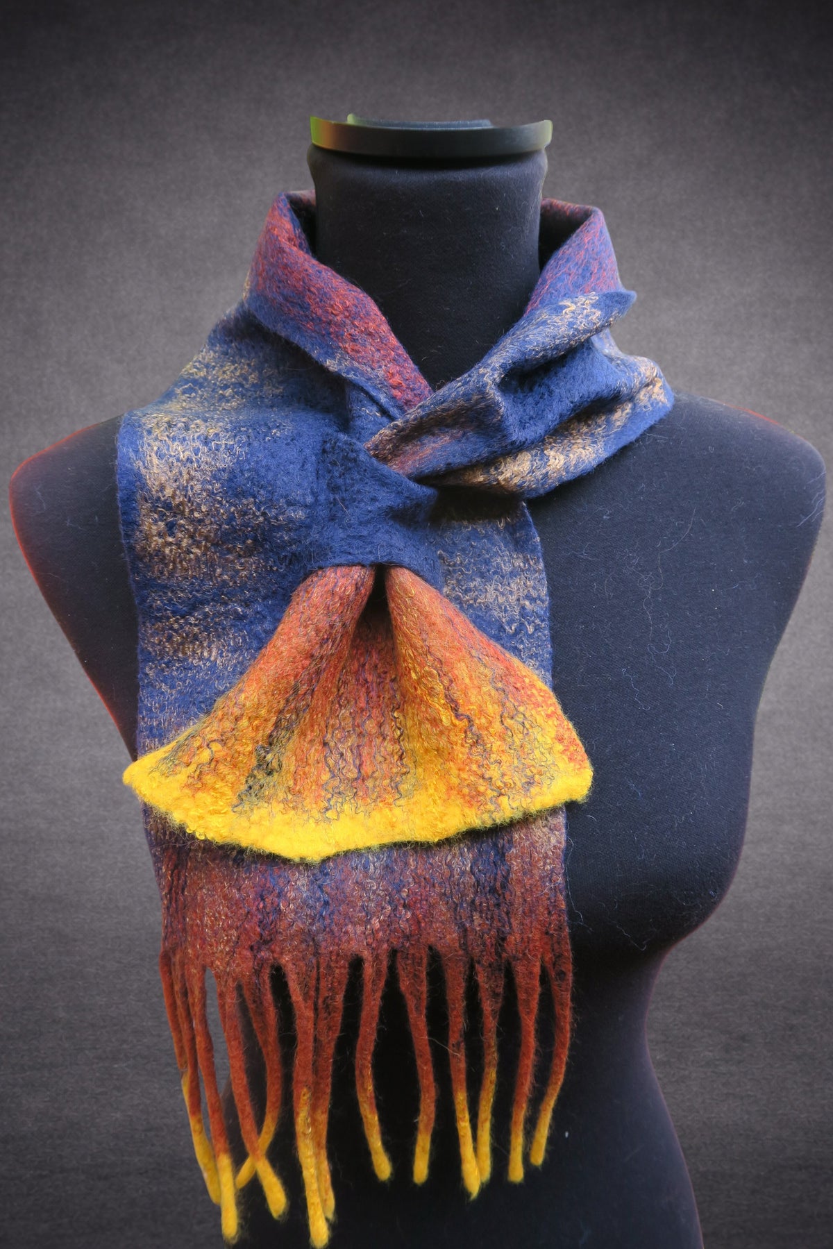 Starry Night – Blue, Orange & Golden Yellow Hand-Felted Merino Wool Scarf