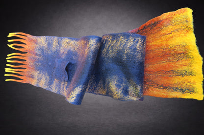 Starry Night – Blue, Orange & Golden Yellow Hand-Felted Merino Wool Scarf