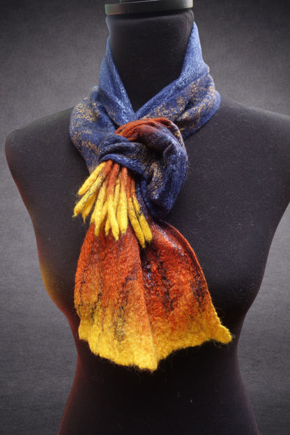Starry Night – Blue, Orange & Golden Yellow Hand-Felted Merino Wool Scarf