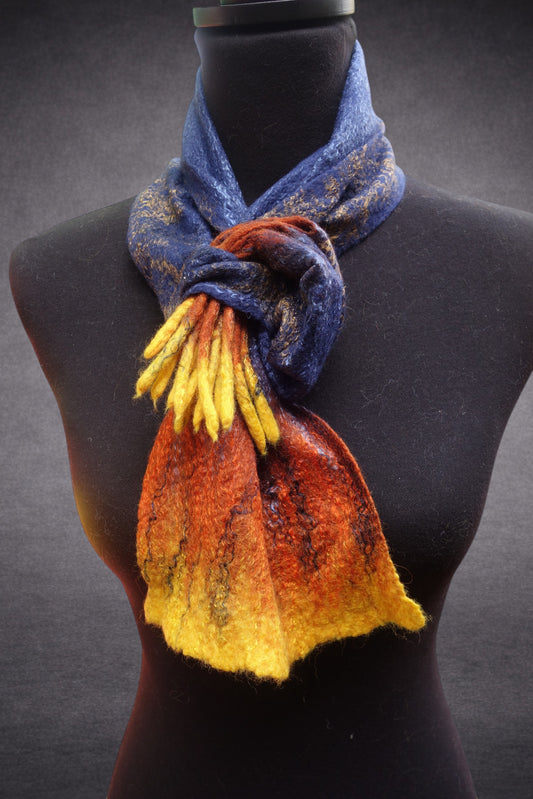 Starry Night – Blue, Orange & Golden Yellow Hand-Felted Merino Wool Scarf