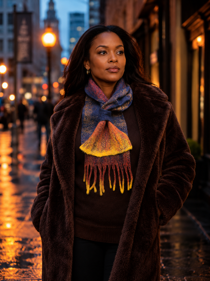 Starry Night – Blue, Orange & Golden Yellow Hand-Felted Merino Wool Scarf