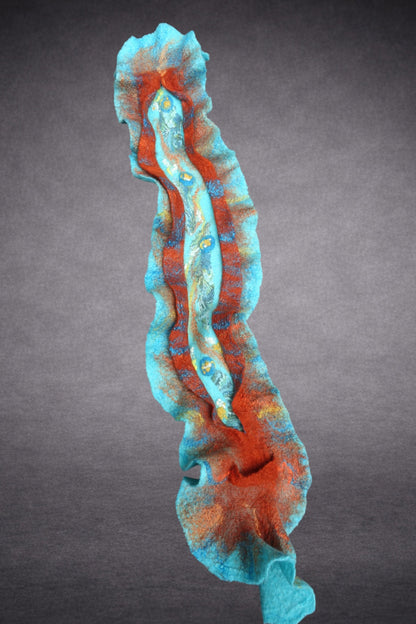 Turquoise and reddish terracotta sculptural hand-felted merino wool scarf