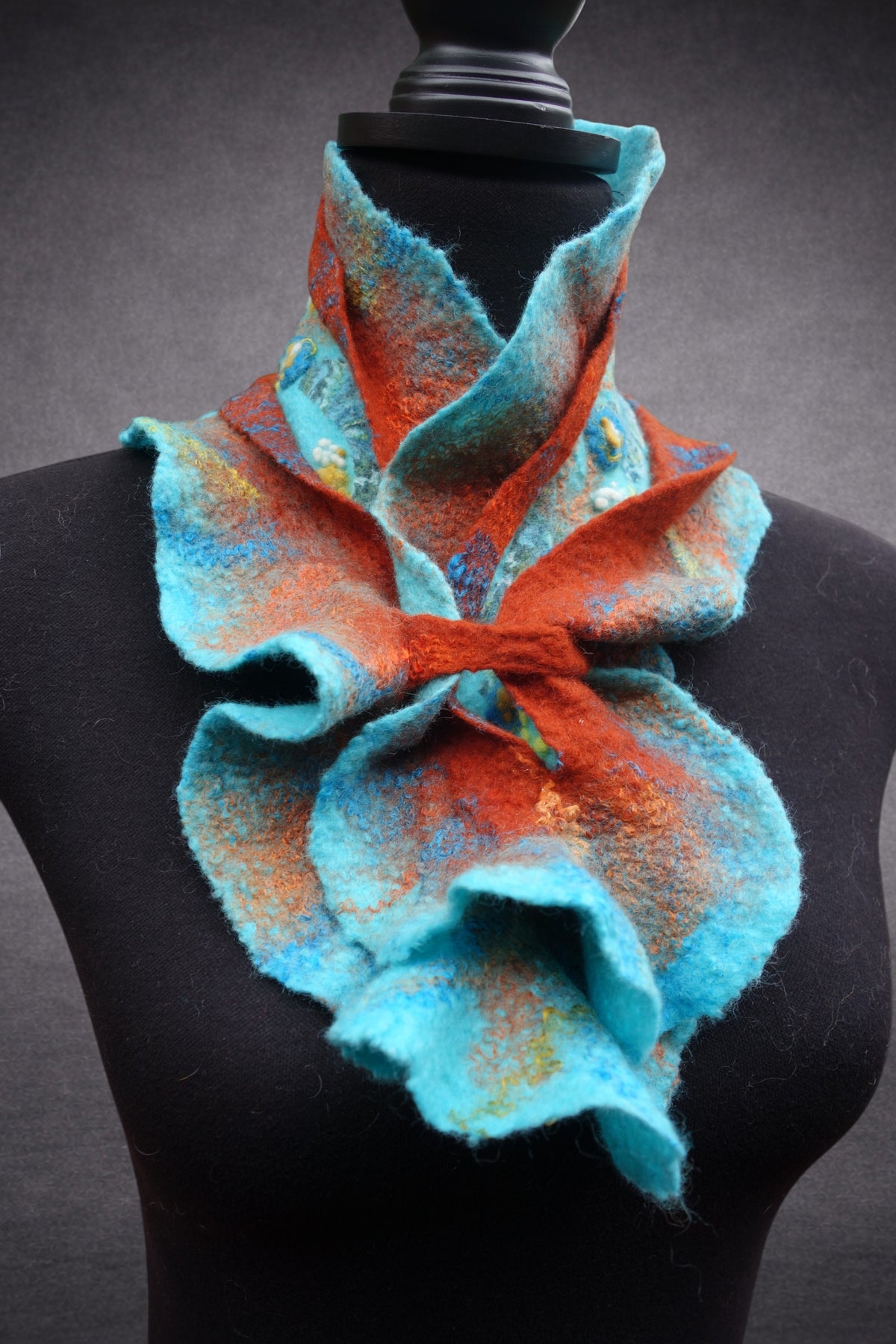 Turquoise & Reddish-Terracotta Sculptural Hand-Felted Merino Wool Scarf